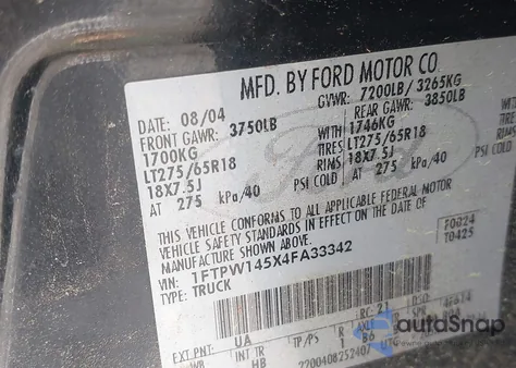 2004 Ford F-150 Fx4/Lariat/Xlt из США, поврежденный, VIN 1FTPW145X4FA33342